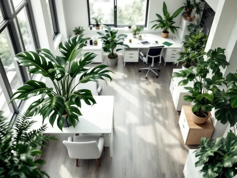 Modernes Büro mit Monstera und Grünpflanzen auf weißen Schreibtischen bei Tageslicht, Übersicht von oben