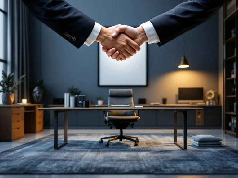 Garantie-Zertifikat auf modernem Büroschreibtisch mit ergonomischem Stuhl und Handschlag-Symbol für Vertrauen