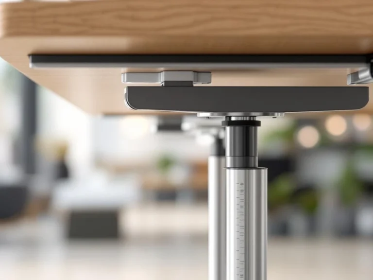 Höhenverstellbarer Schreibtisch mit Beechholz-Oberfläche und verchromtem pneumatischem Liftsystem in Nahaufnahme