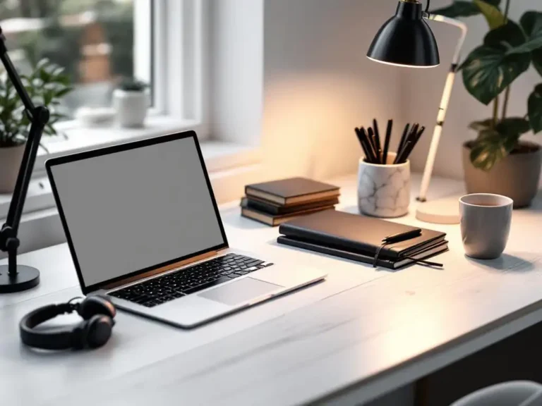 Eleganter Home-Office-Arbeitsplatz mit geöffnetem Laptop, Notizbüchern, Stiften und Kaffeetasse bei Tageslicht