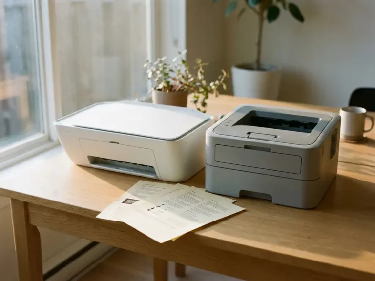 Tintenstrahldrucker und Laserdrucker nebeneinander auf modernem Schreibtisch mit frisch gedruckten Seiten im warmen Bürolicht.