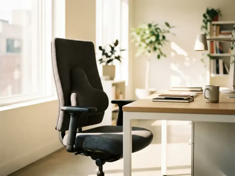 Ergonomischer Bürostuhl mit Lendenwirbelstütze an modernem Holzschreibtisch in hellem, warmem Büro.